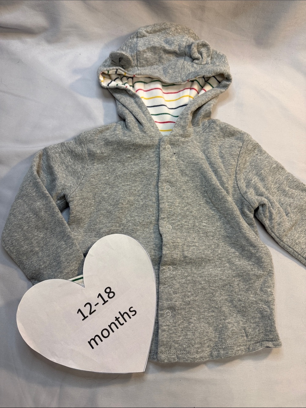 HBC Baby Gray Hooded Button-Up Sweatshirt with Striped Hood Lining